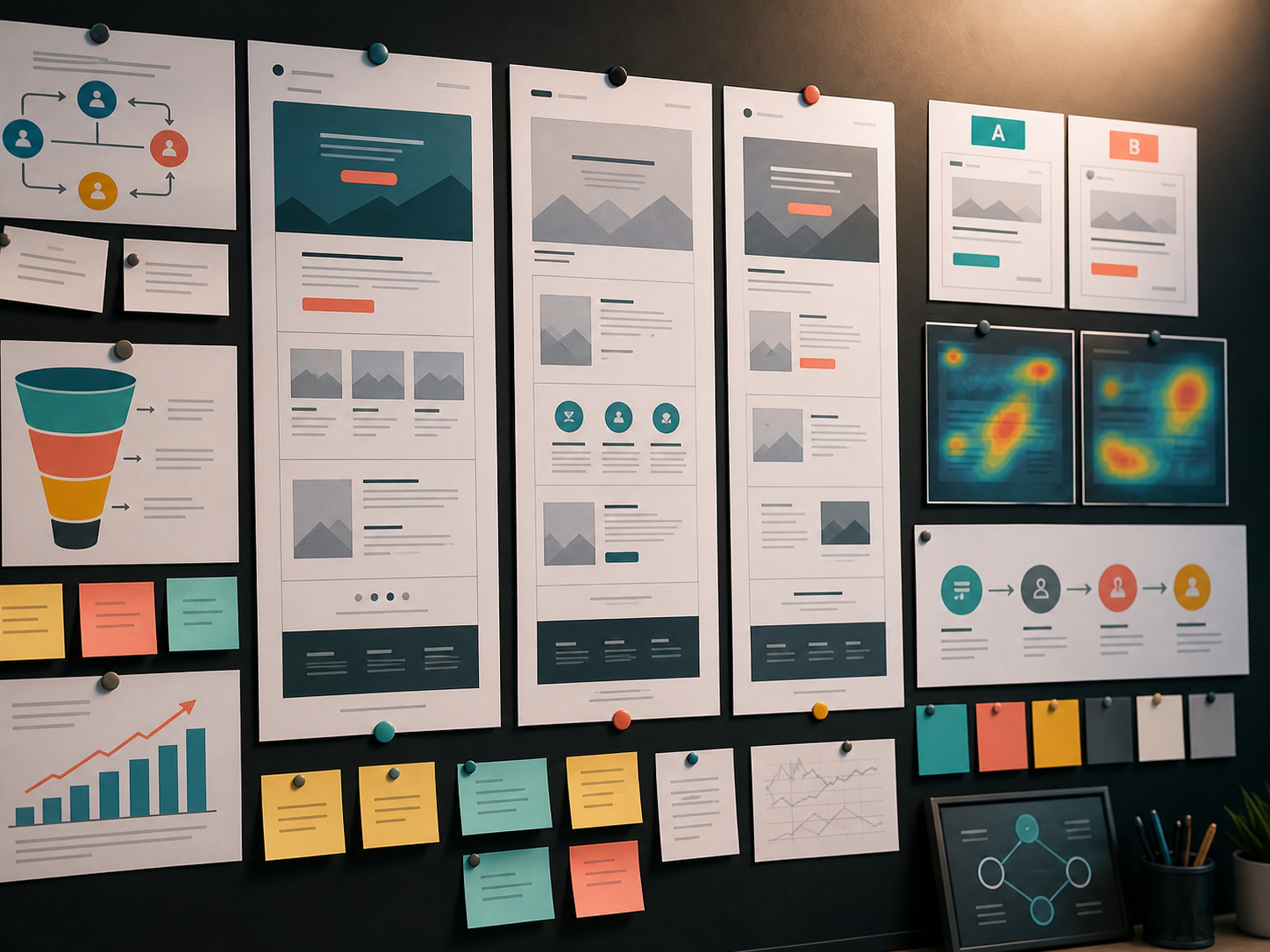 Landing page design process with wireframe, message hierarchy, and A/B test concepts